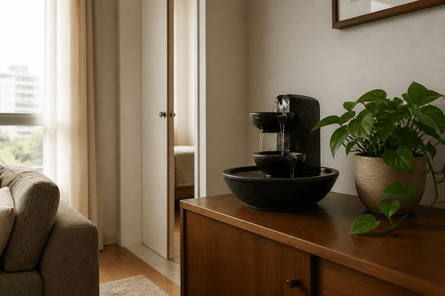 Dark ceramic tabletop fountain on a wood cabinet beside a pothos, Feng Shui indoor fountain in a rental living room