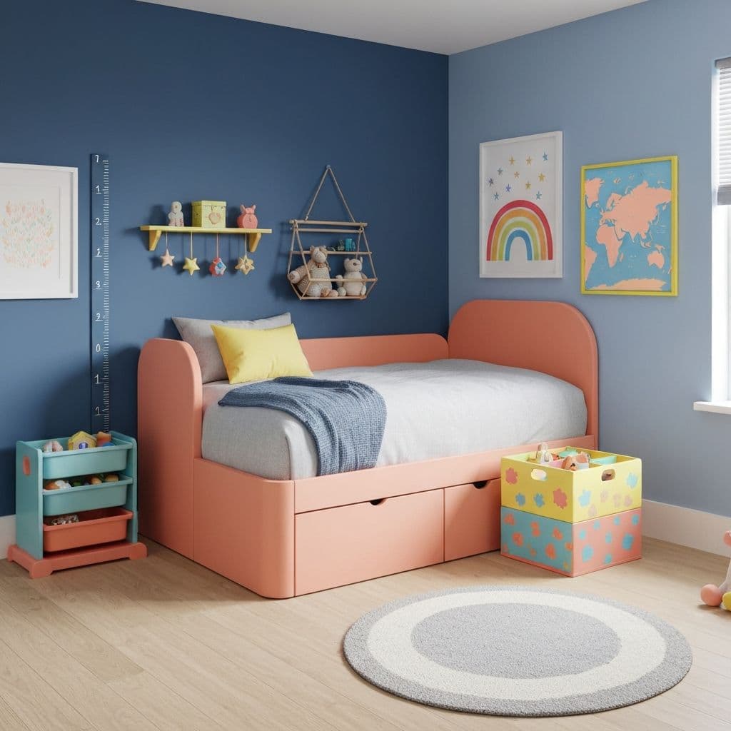 Child bedroom with bed on a solid wall and closed toy bins, Feng Shui kids room