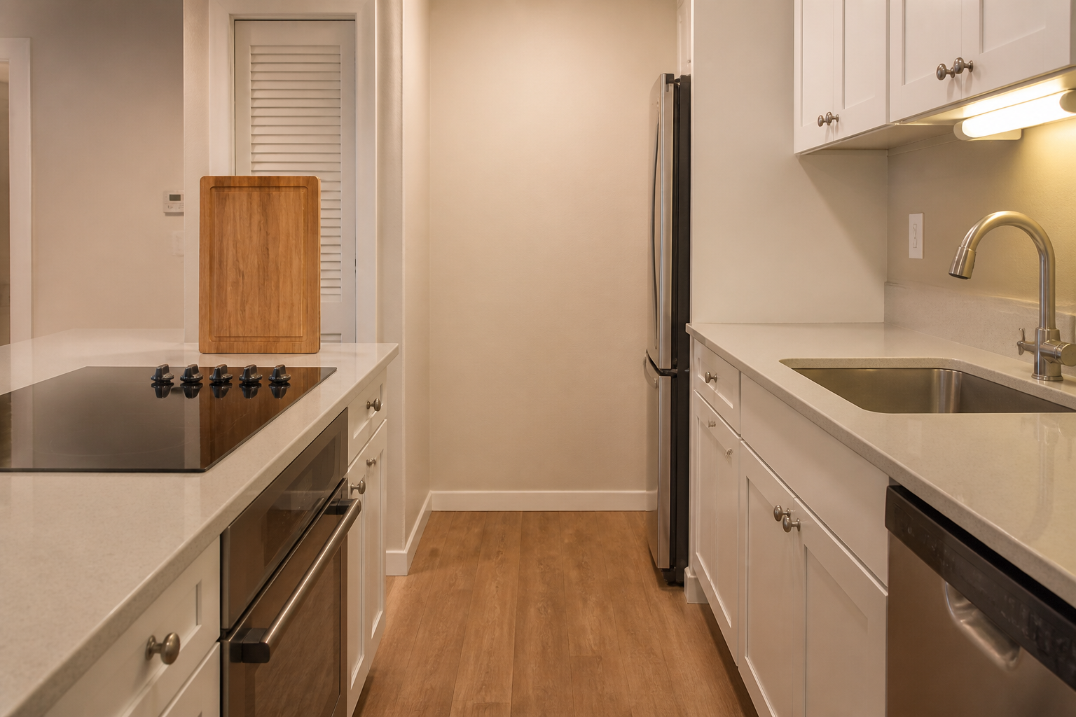 Cooktop on an island facing a sink across a tight aisle with a wood board as a buffer
