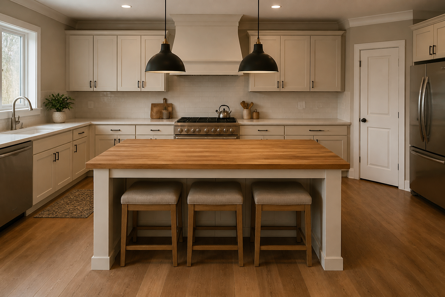 Bar stools tucked fully under a butcher-block island so the walk stays clear