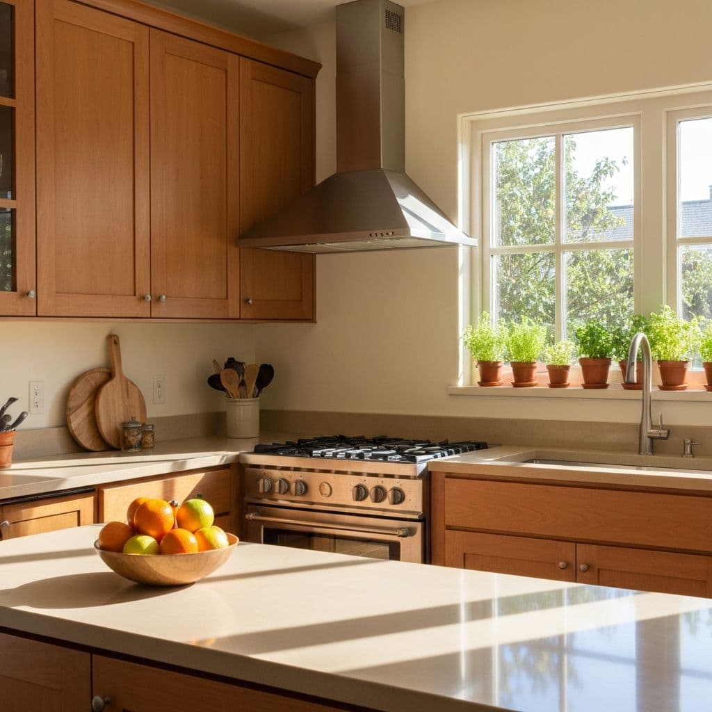 Small rental kitchen with a clear counter and a stove you can stand at