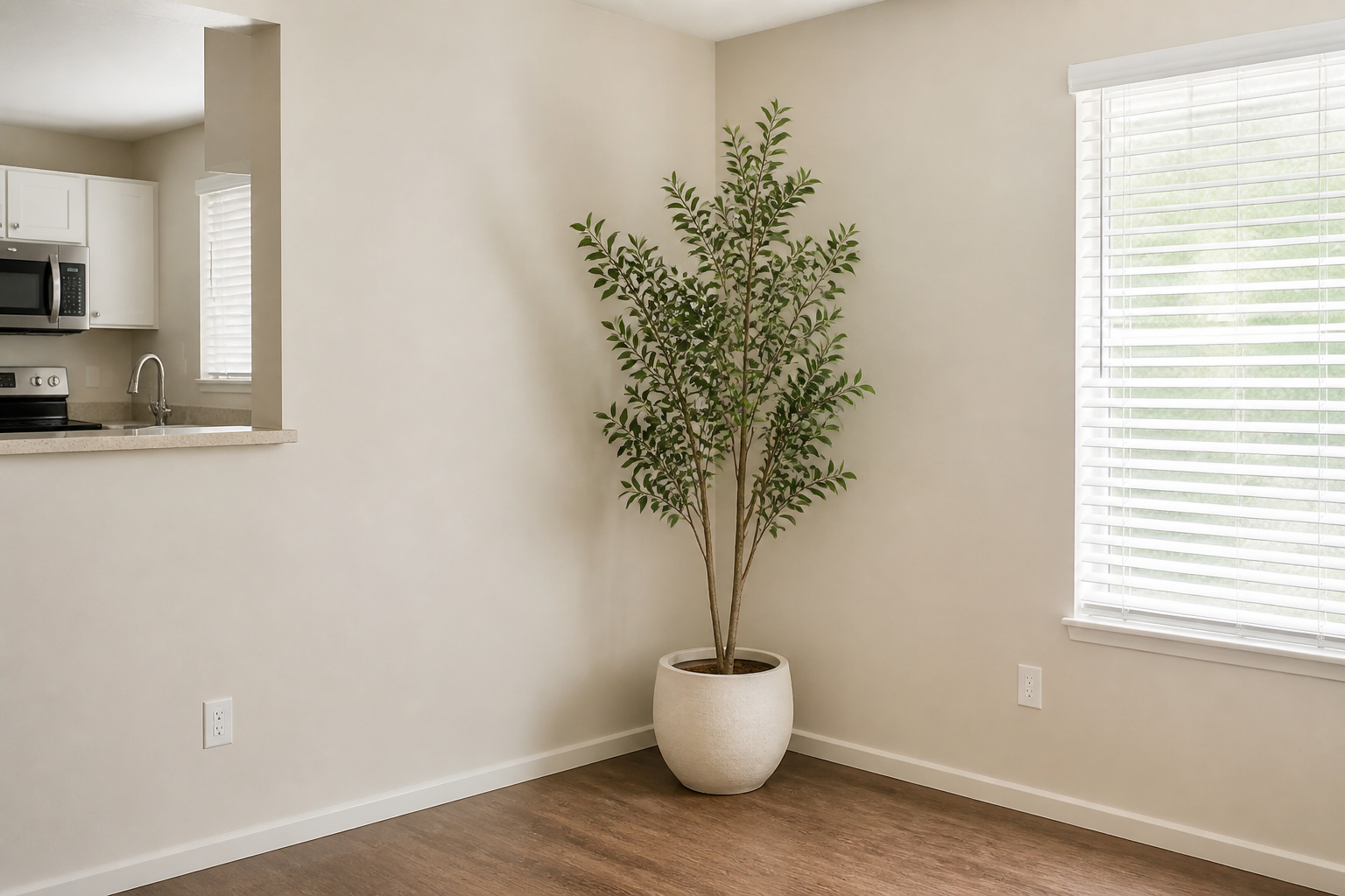 Tall plant in the inner corner where two cream walls of an L meet