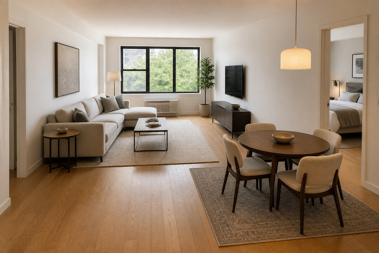 Two rugs in an L: a living rectangle and a smaller dining rug with a round table