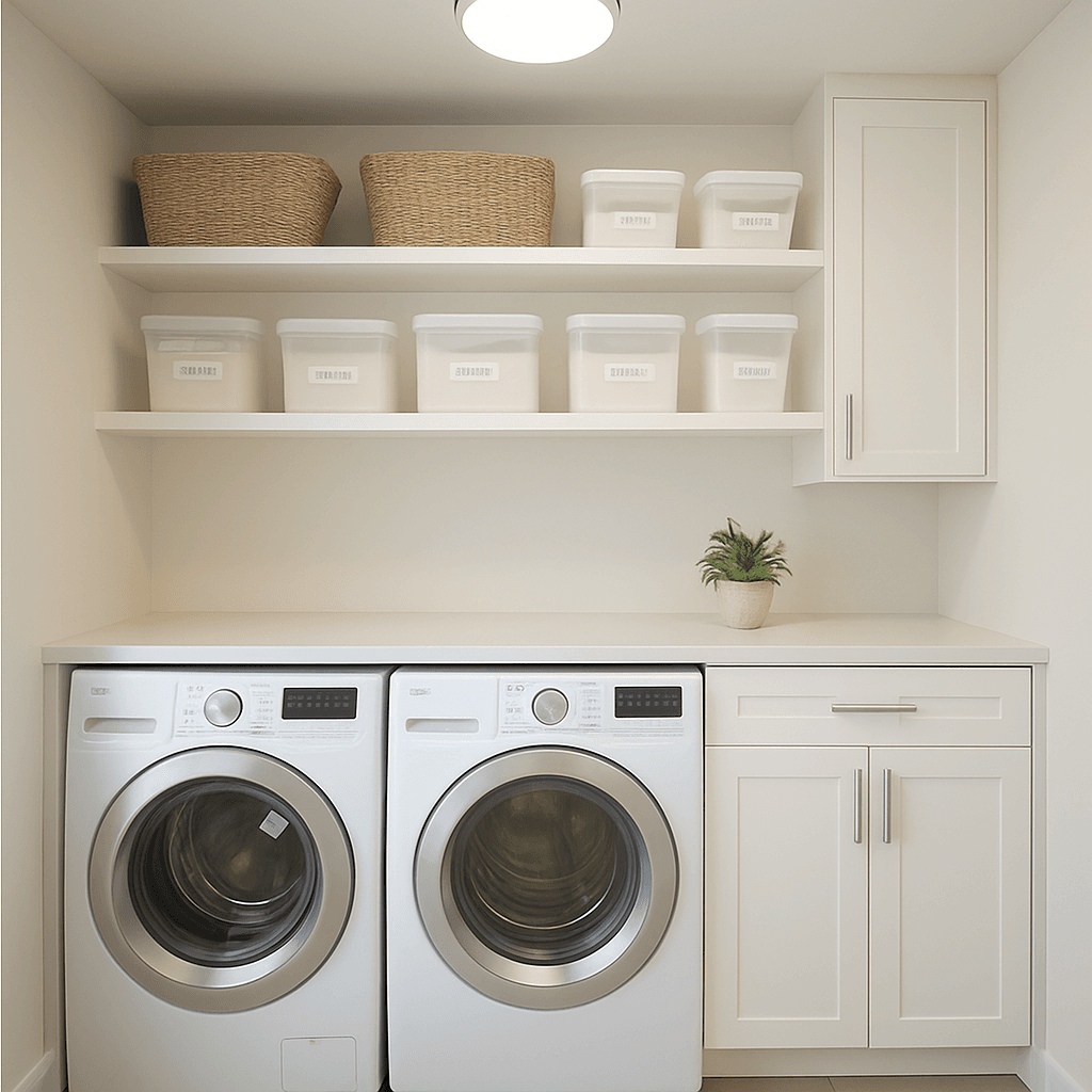 Closed laundry closet with a dry floor and a basket that is not in the aisle