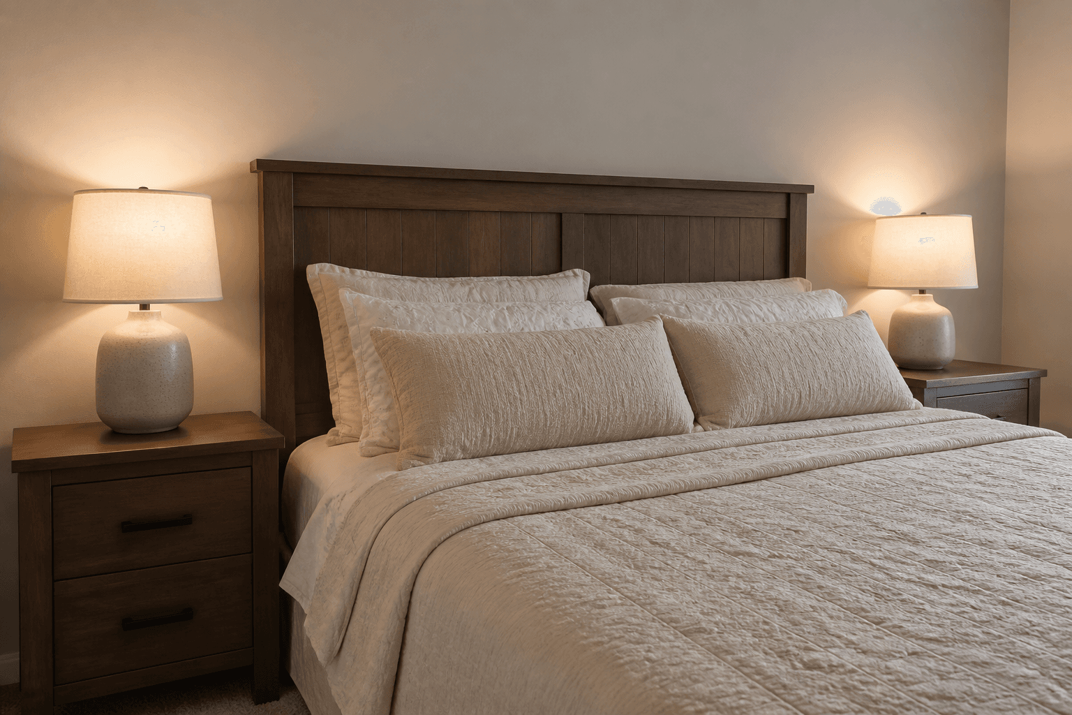 Two wood nightstands with warm table lamps on, oatmeal bedding, ceiling light off