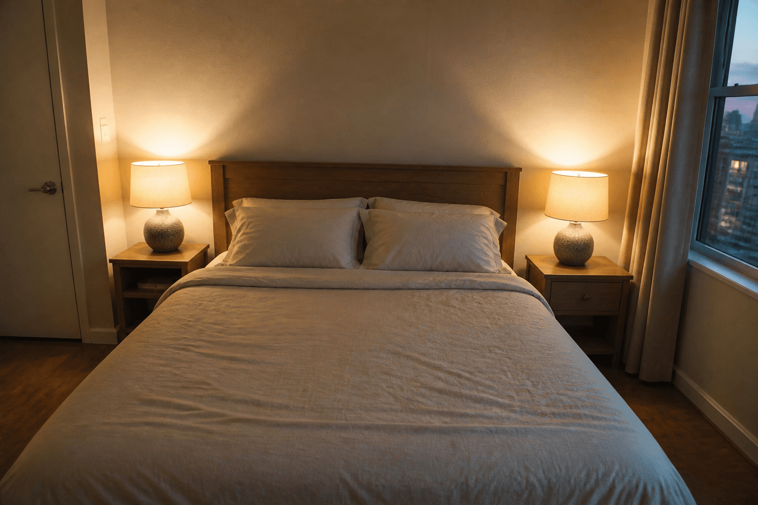Rental bedroom at dusk with two warm nightstand lamps lit and the ceiling light off, feng shui lighting in the bedroom
