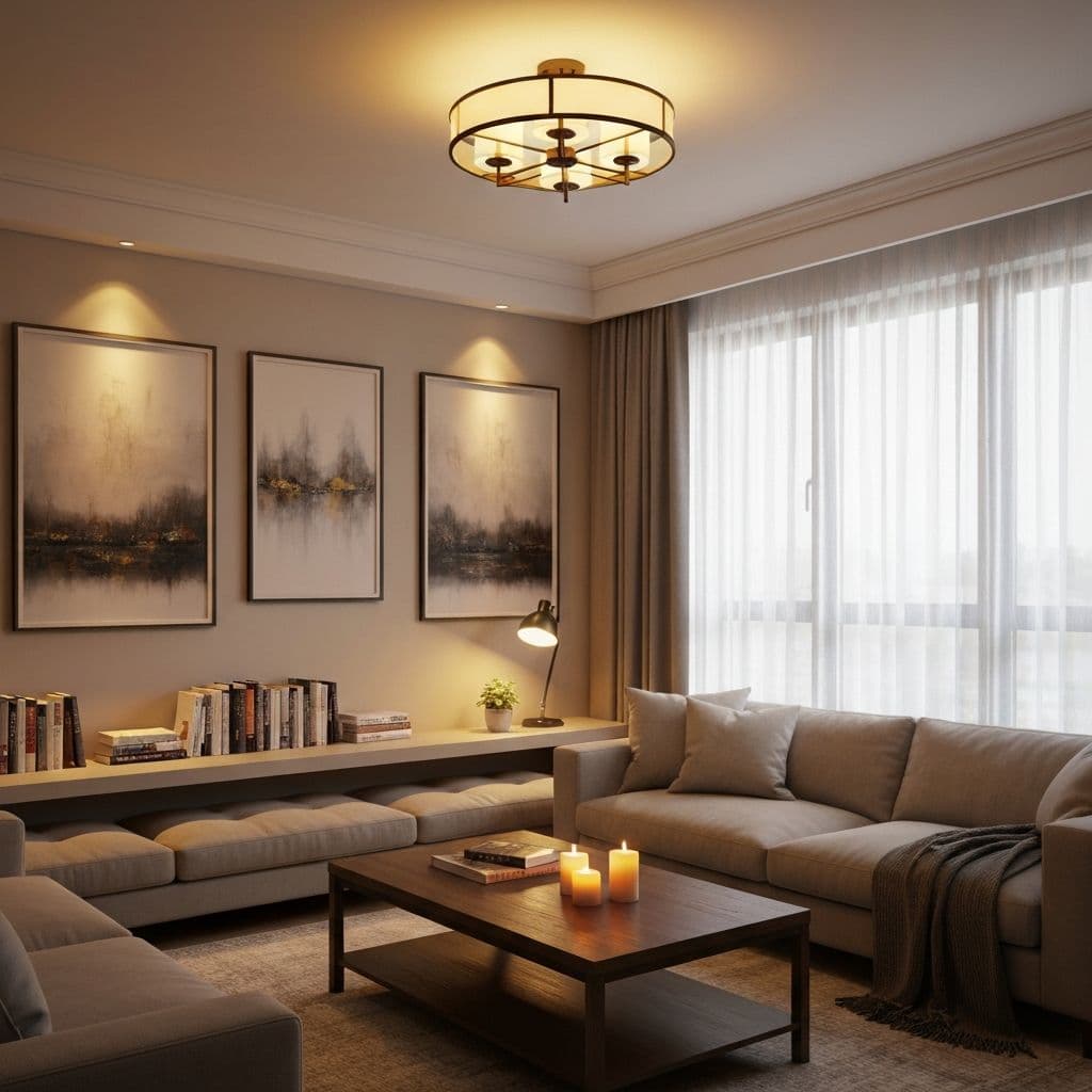 Table lamp and a ceiling fixture in a rental living room, both on dimmers