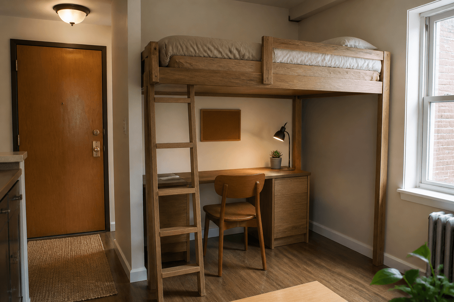 Wood loft bed over a desk in a studio with the door visible, feng shui loft bed