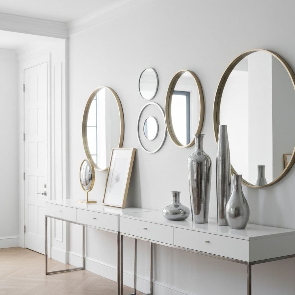 White rental wall with a round clock and a steel lamp, metal element accents