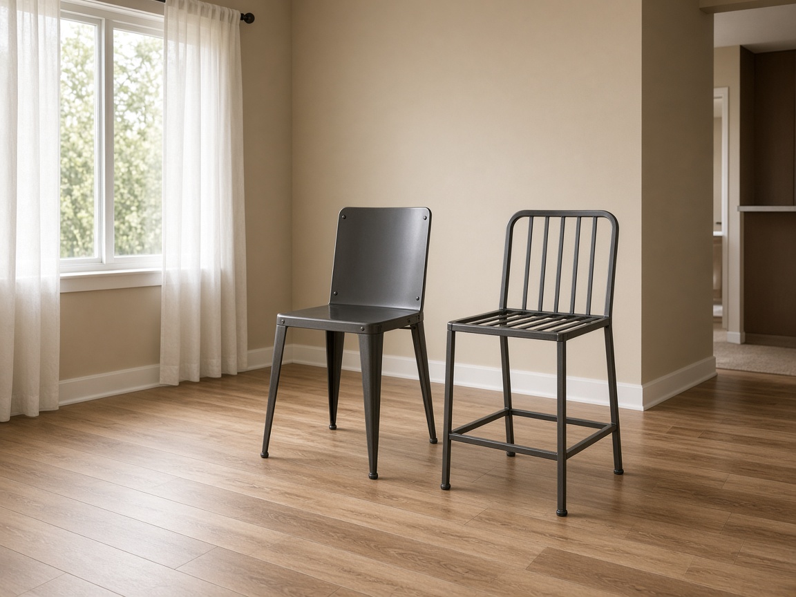 Closed-panel steel chair beside an open-bar metal stool on a rental wood floor