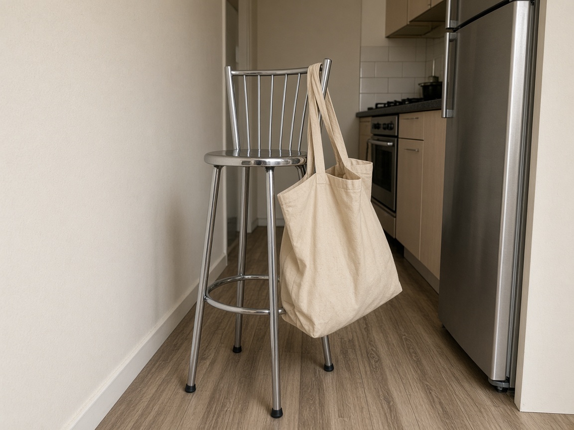 Chrome open-bar stool in a kitchen aisle with a canvas tote hanging on the spindles