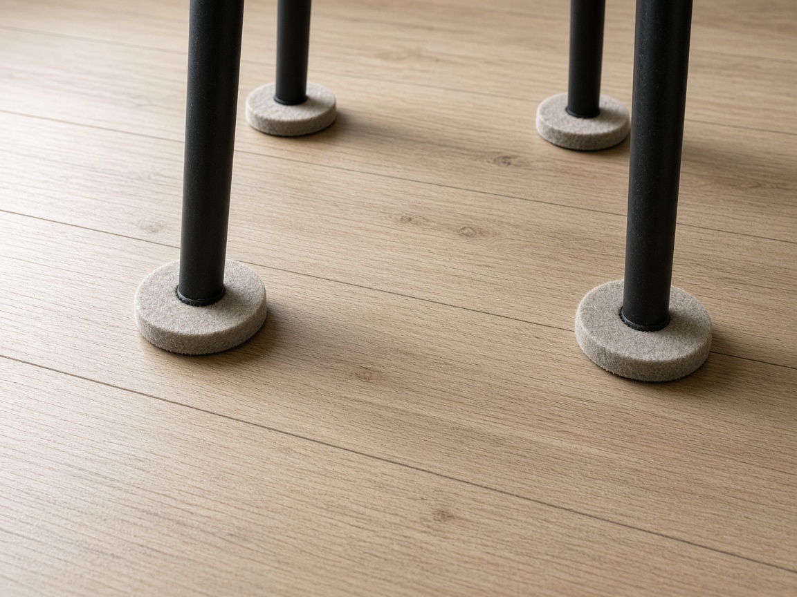 Beige round felt pads under four black metal chair legs on a light oak rental floor