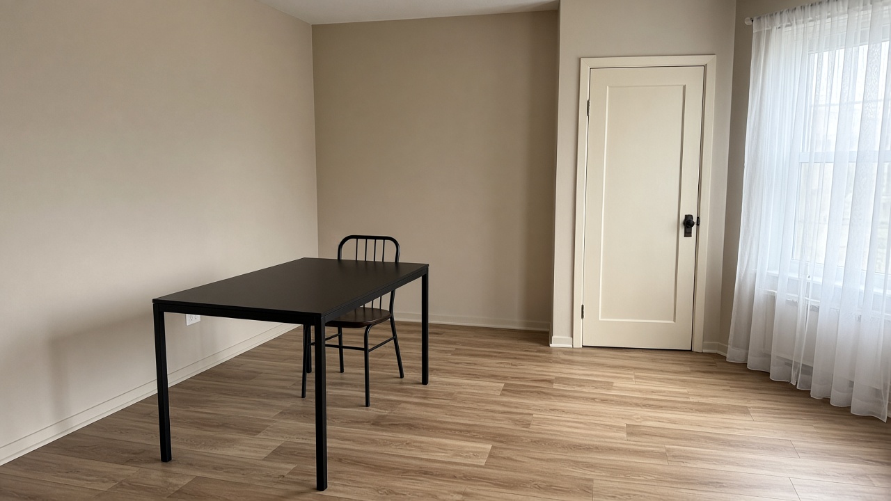 Black steel table and spindle metal chair in a beige rental with a cream door, feng shui metal furniture