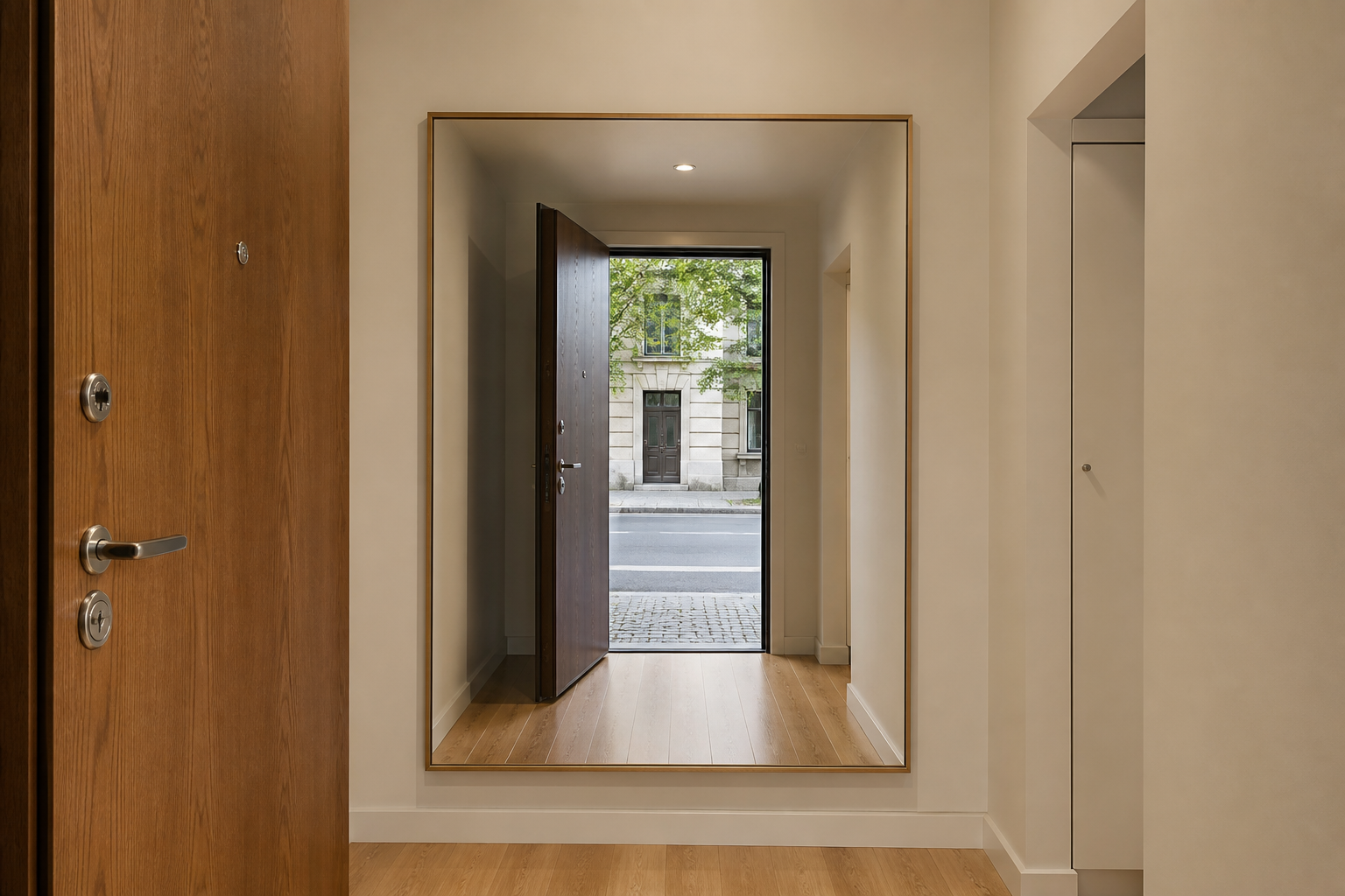 Large mirror hung directly opposite the front door reflecting the open latch and street