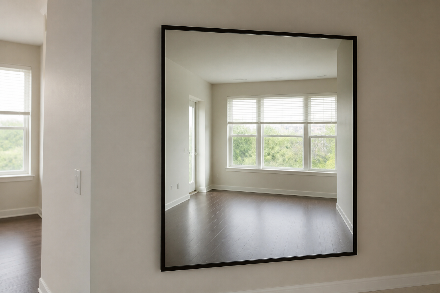 Mirror on a cream inner wall reflecting the other rectangle of the apartment