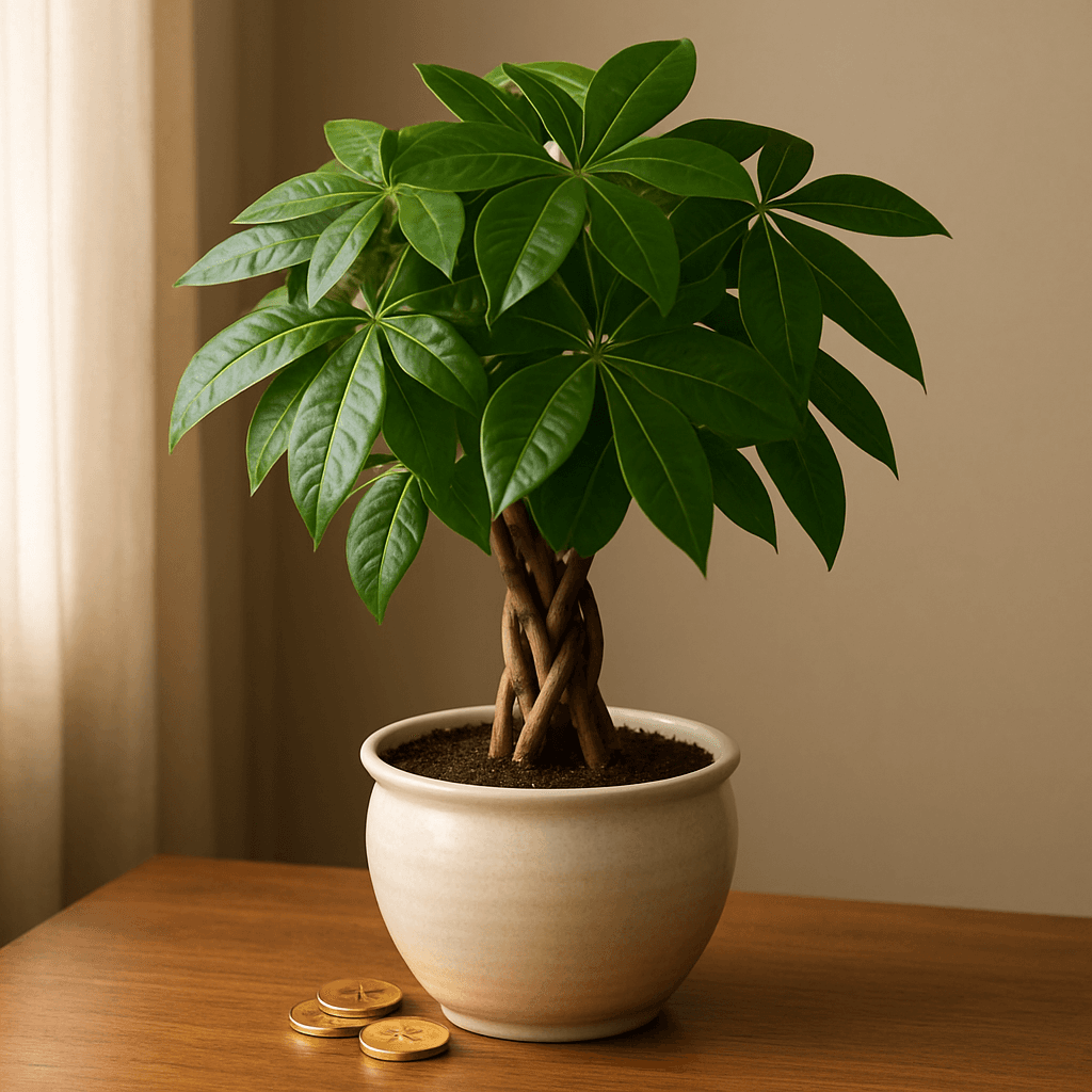 Braided money tree in a ceramic pot by a bright rental window, Feng Shui money plant