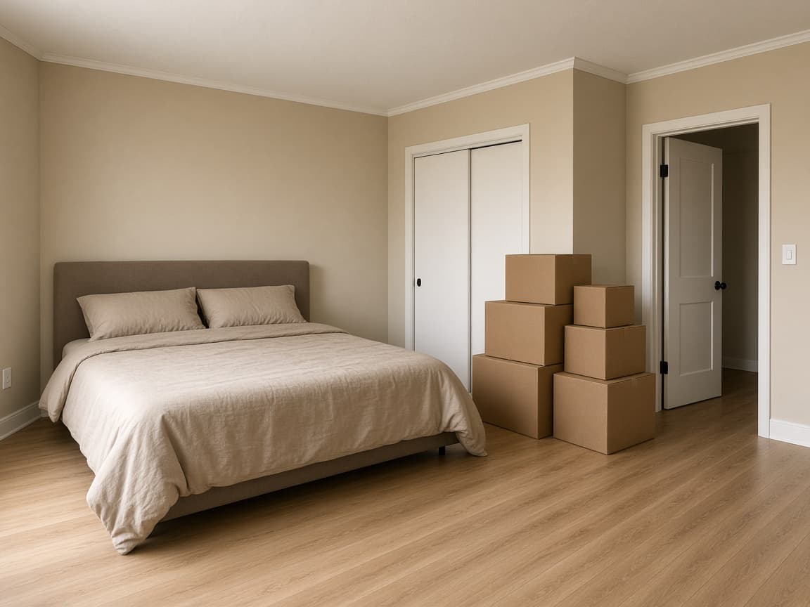 Rental bedroom, boxes stacked by the closet, bed on a solid wall, door still in view