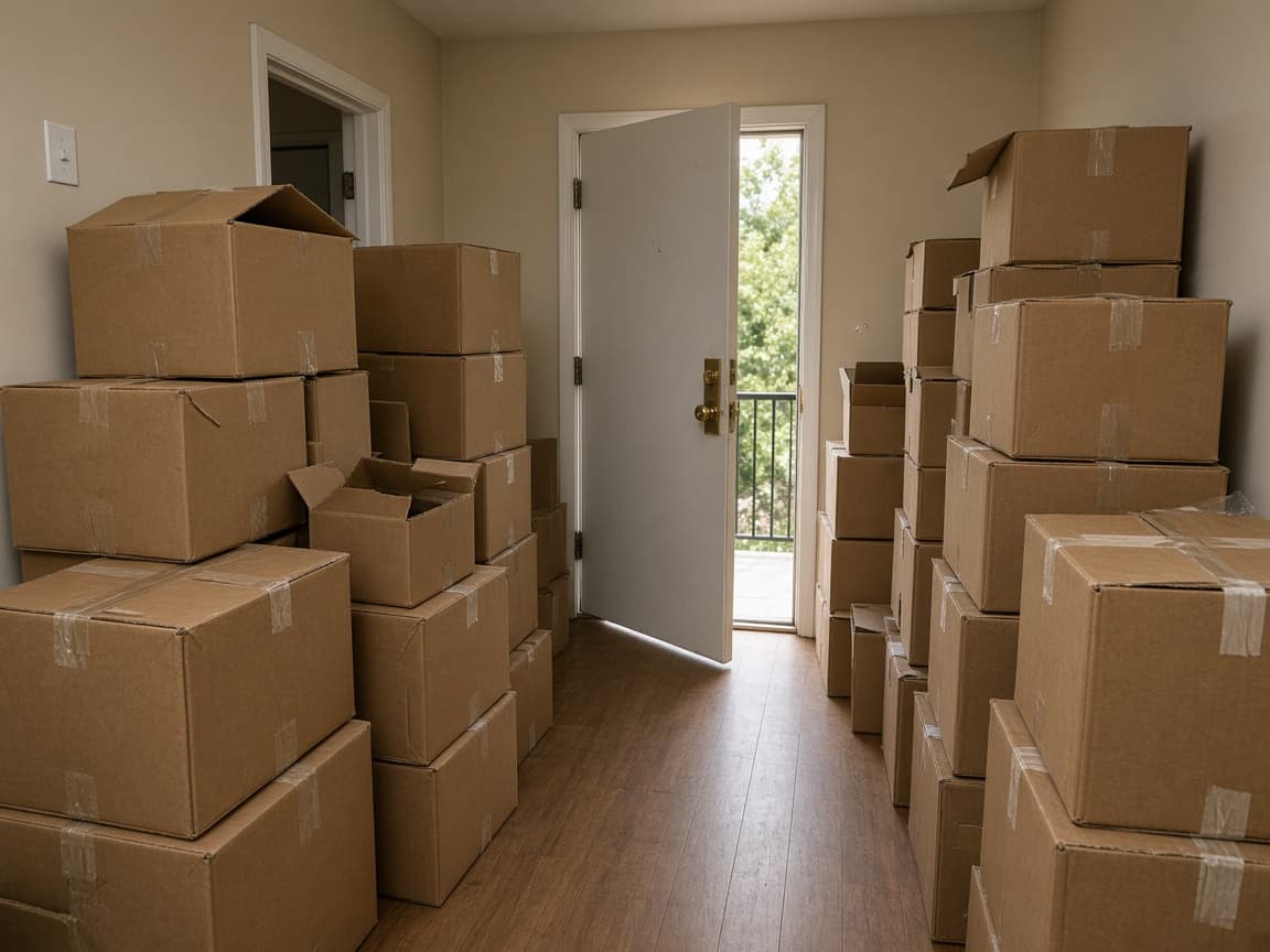 Two walls of cartons lining a rental entry, open door, a narrow wood walk between stacks