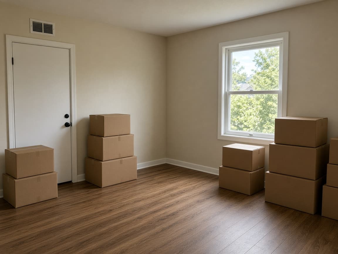 Closed spare room with cartons against the walls and a clear walk in the middle