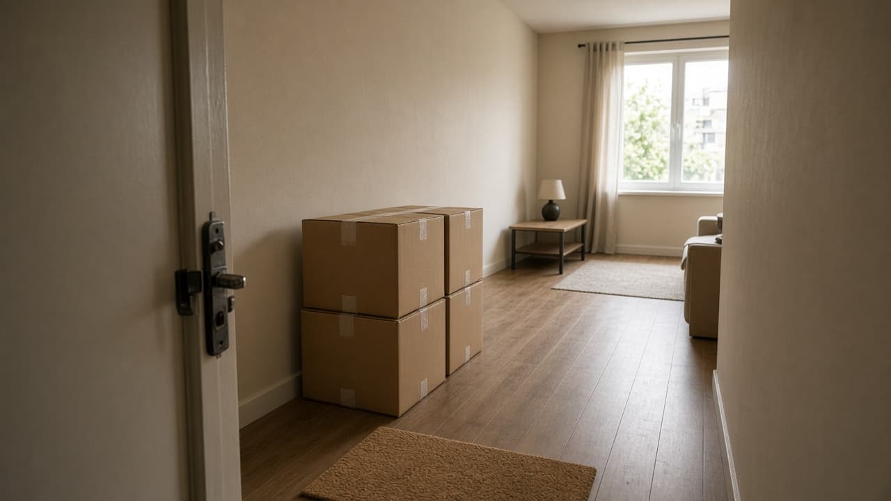 Open rental door, four cartons on the side wall, lamp and window ahead, feng shui moving season boxes