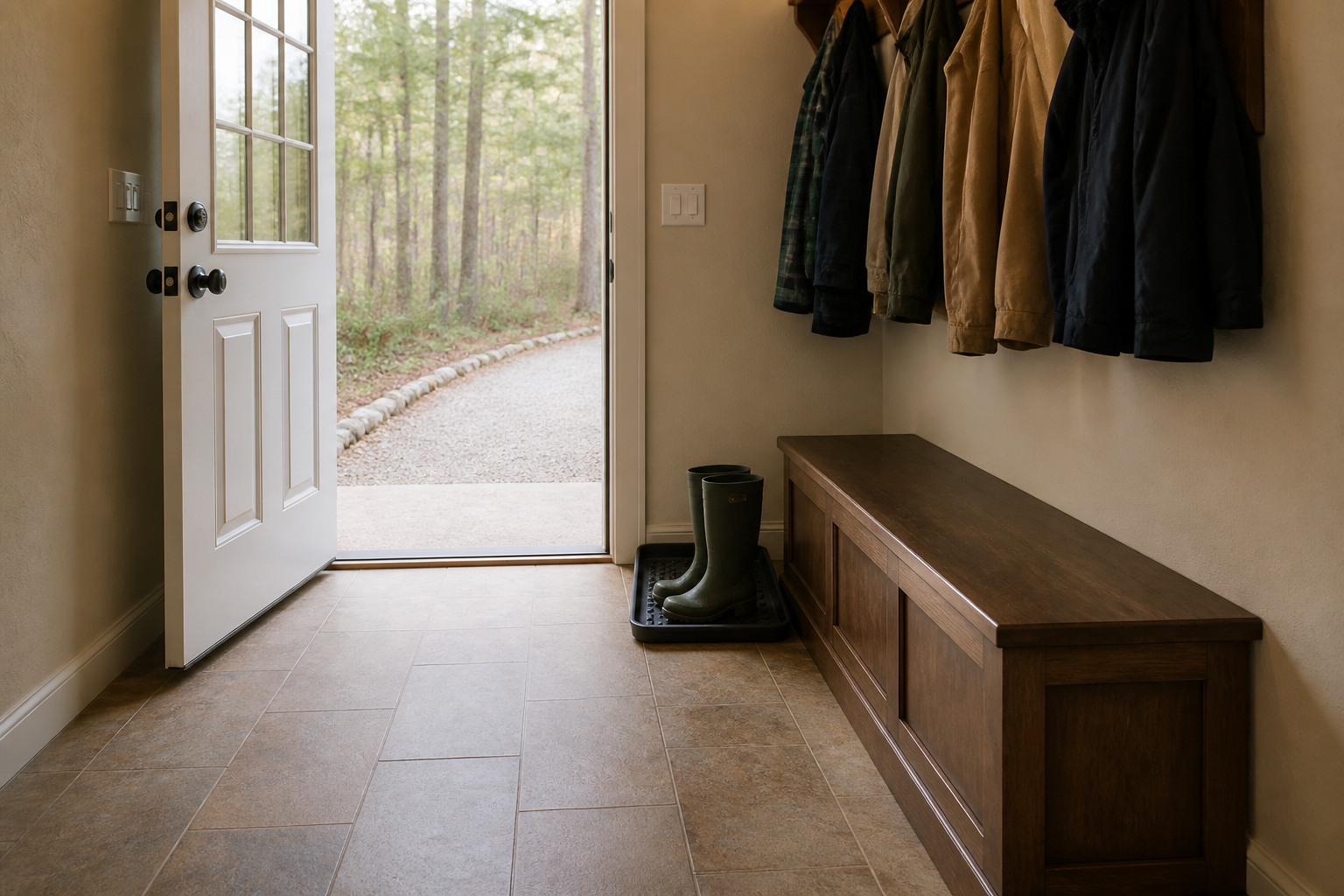 Closed mudroom bench, boot tray beside the swing, coats on a side-wall hook rail