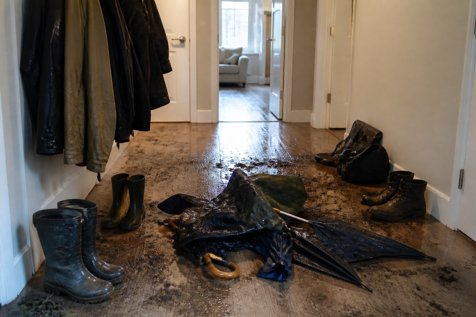 Wet boots, dripping coats, and umbrellas dumped in the center walk from the door