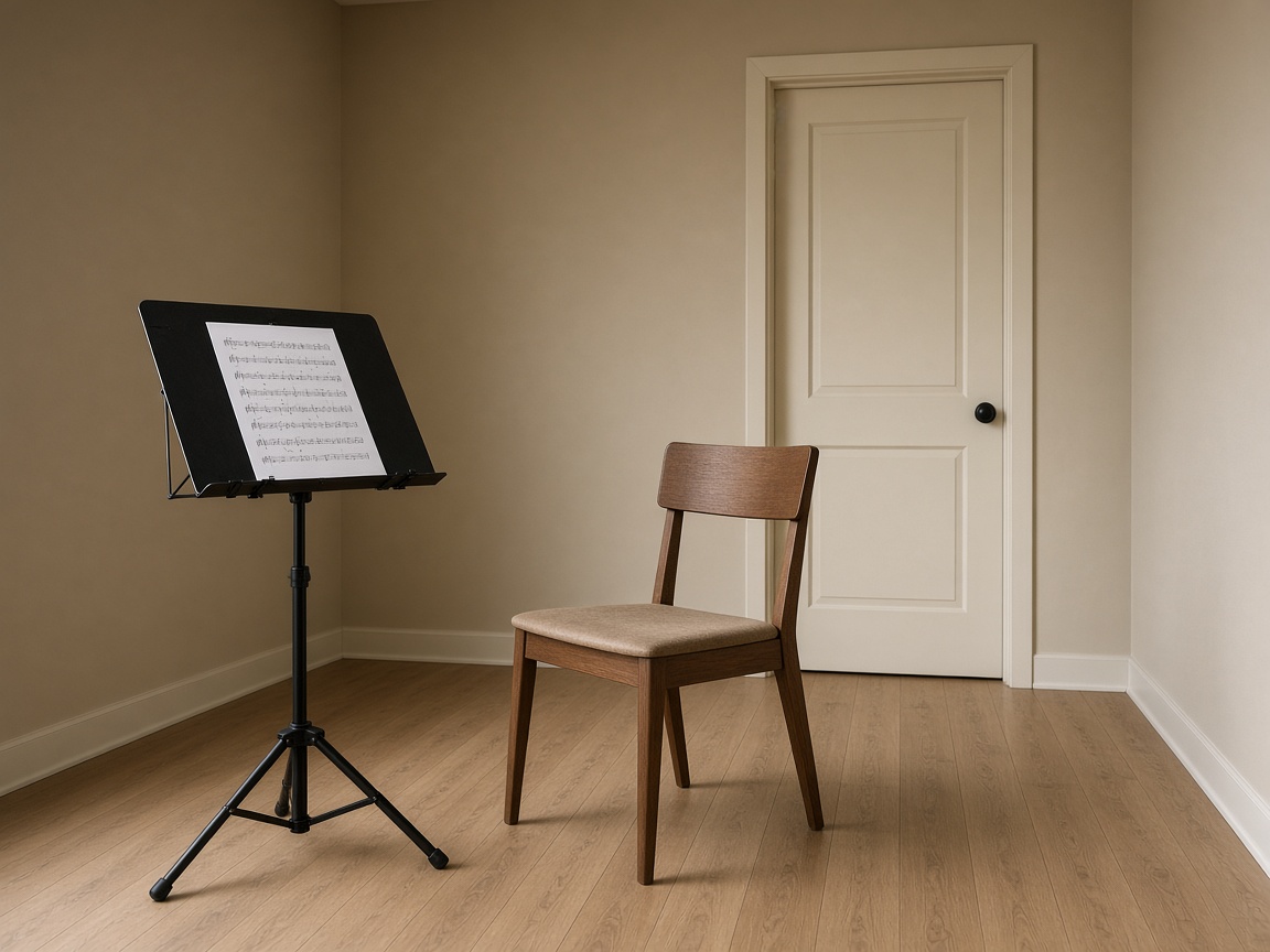 Open black music stand with sheet music, wood chair, cream door visible over the seat