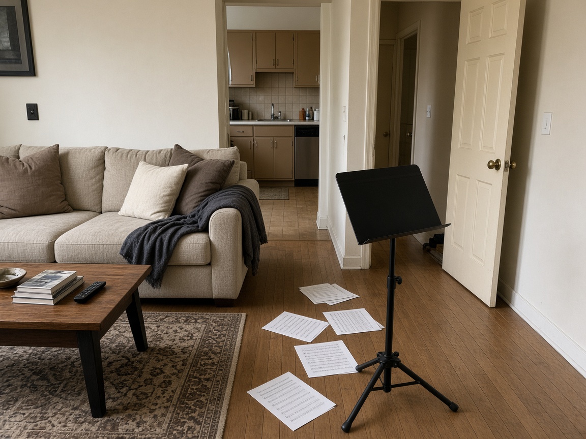 Open music stand and loose sheet music in the walk between a beige sofa and kitchen
