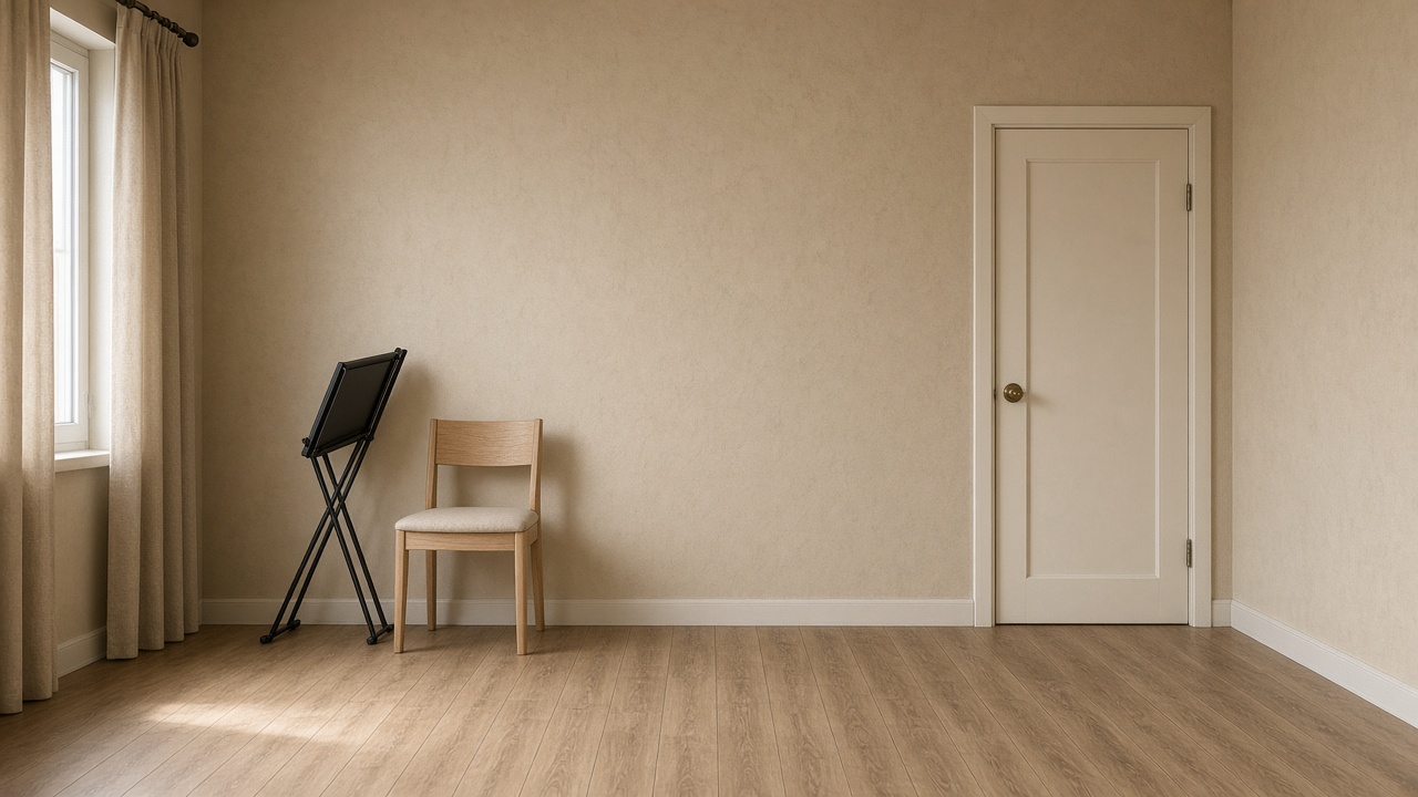 Black folding music stand and wood chair on a beige wall by a closed cream door, feng shui music practice room