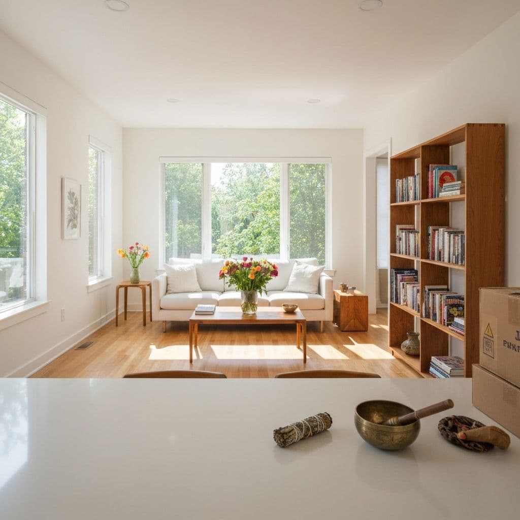 Empty rental room with an open window and a broom by the door