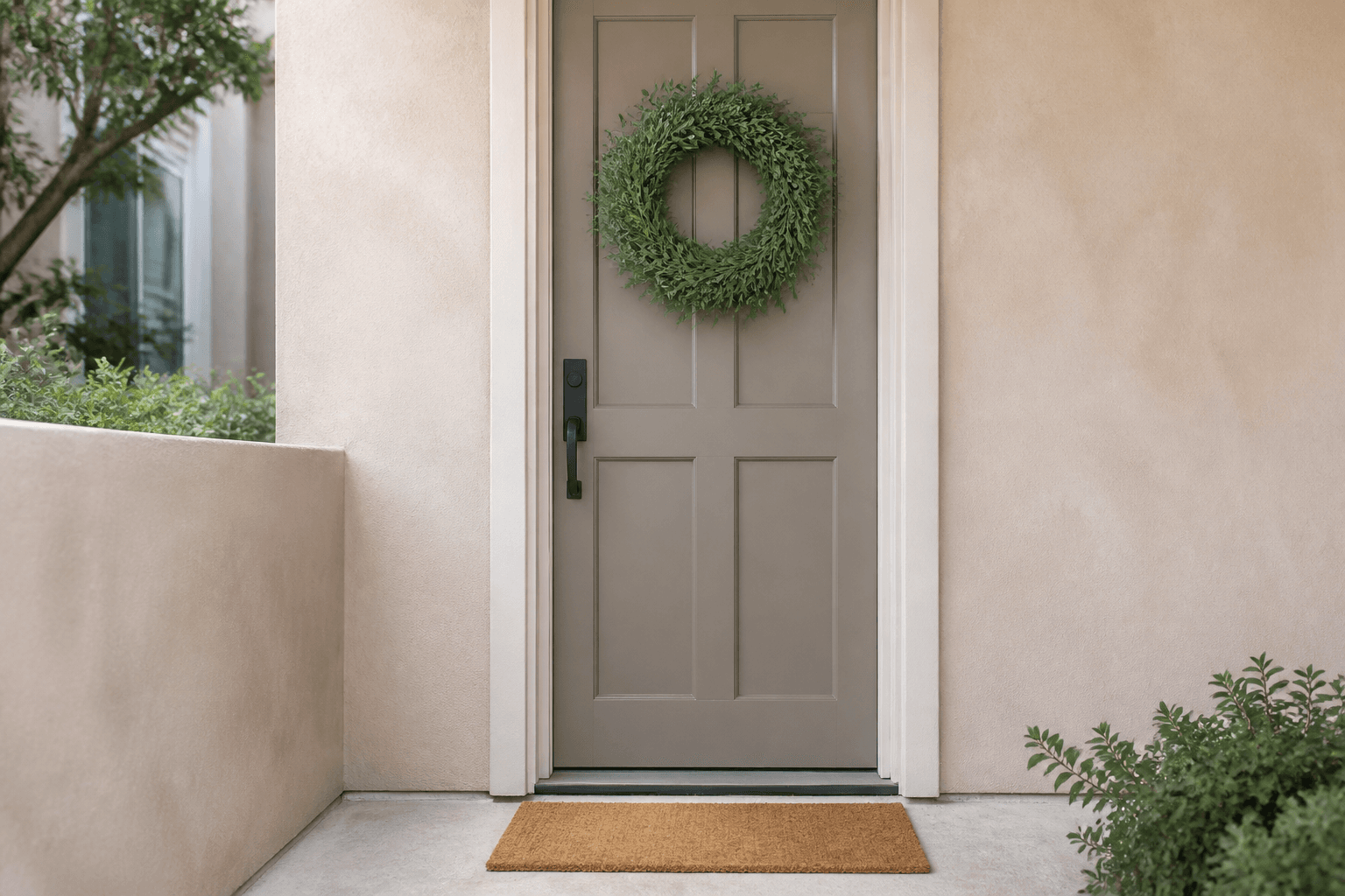 Muted green wreath on a beige landlord door with a plain fiber mat fully on the floor