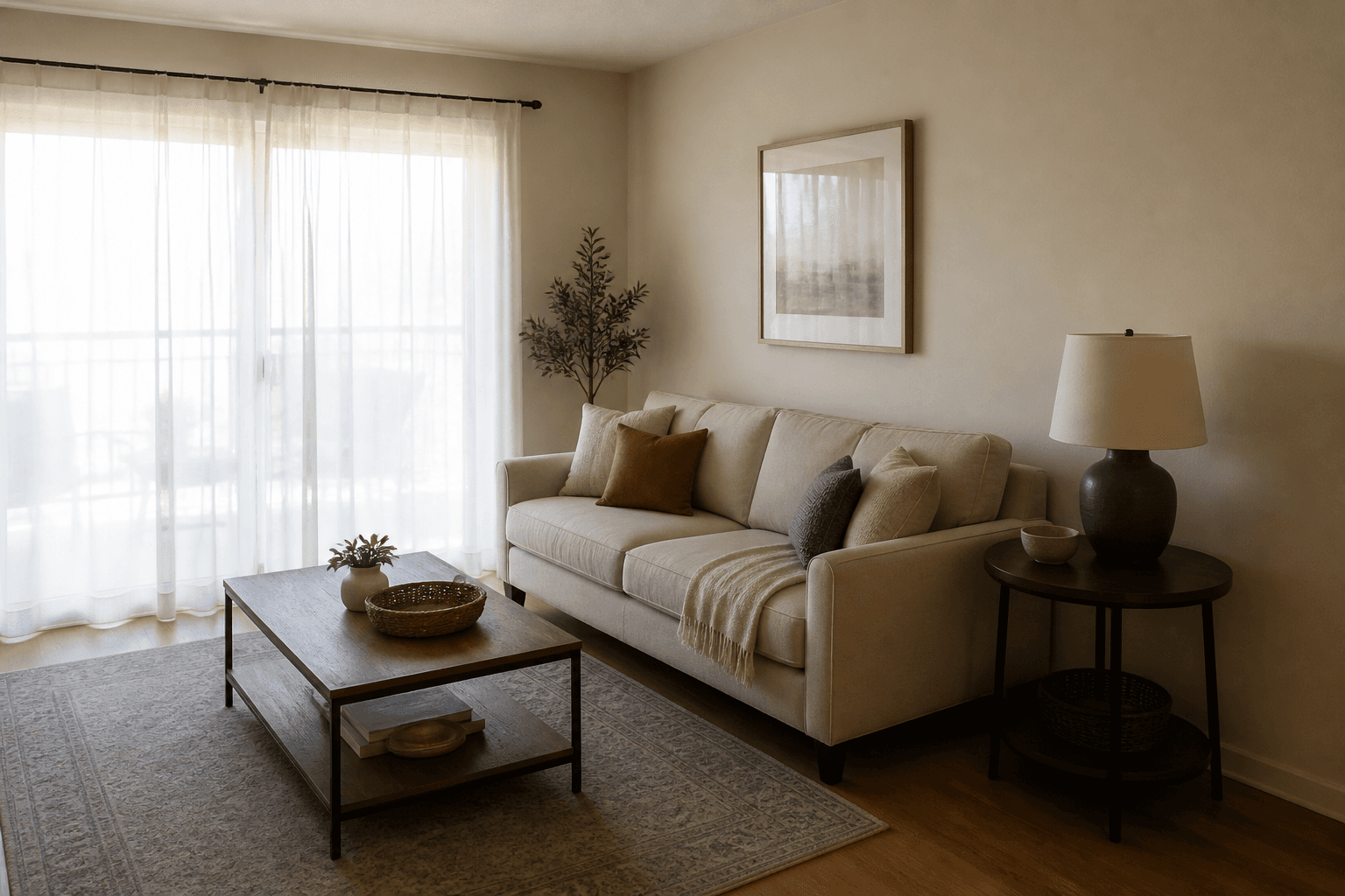 Morning side light through sheers on a beige sofa pulled off the glass