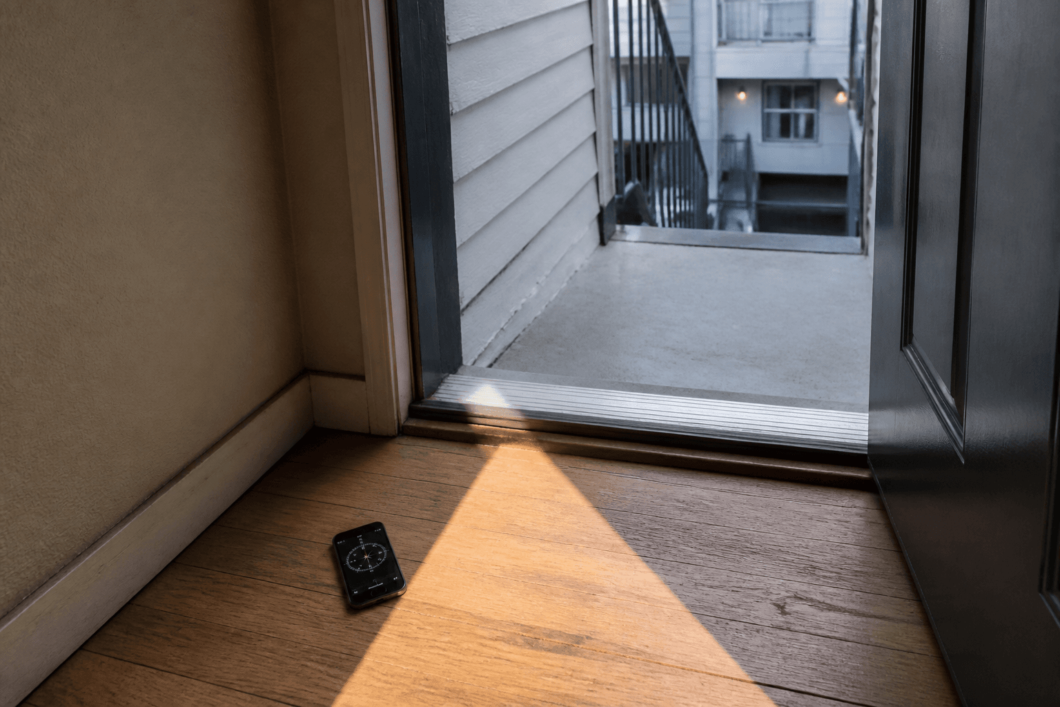 Looking out an open apartment door, phone compass on the wood threshold, morning side light, feng shui northeast-facing house