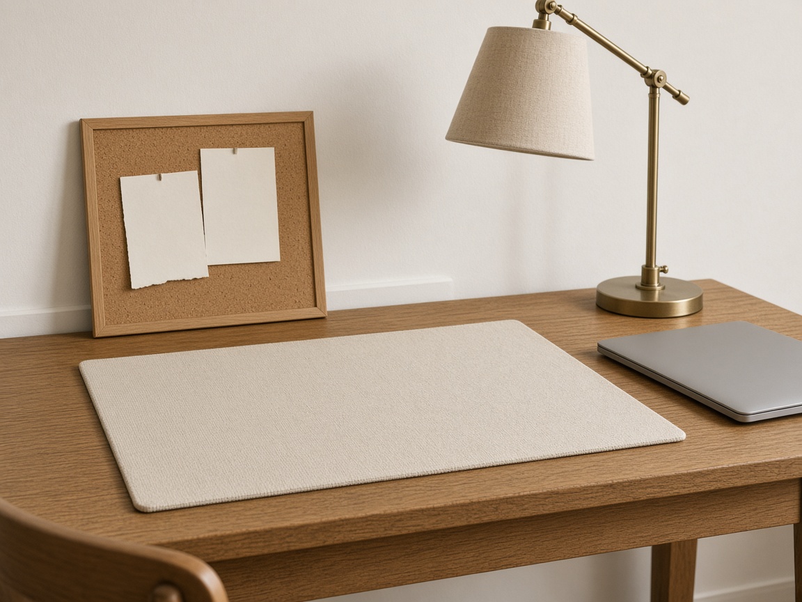 Cream linen blotter, cork pinboard with blank paper, and a linen lamp shade on an oak desk