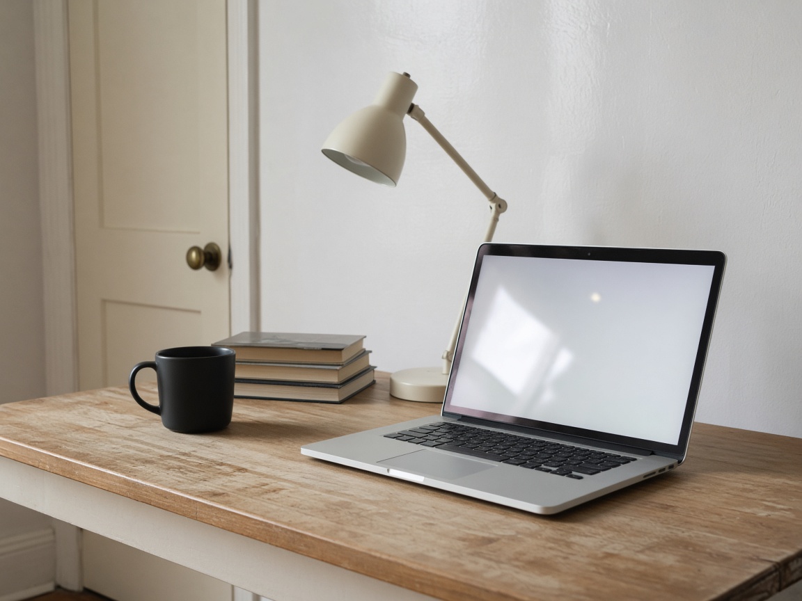 Open laptop screen washed by a white wall and window glare, cream lamp off, door at left