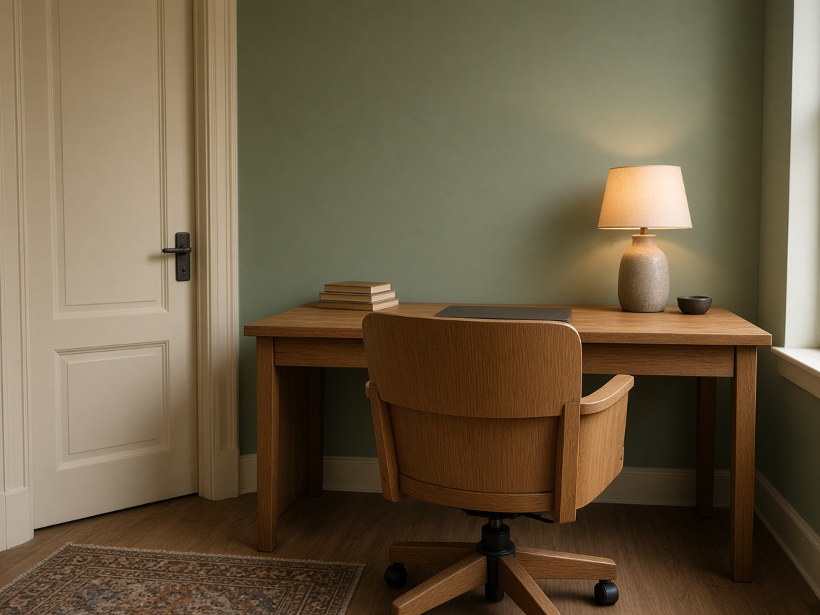 Closed-back oak chair facing a desk, muted sage wall behind the seat, cream door to the left