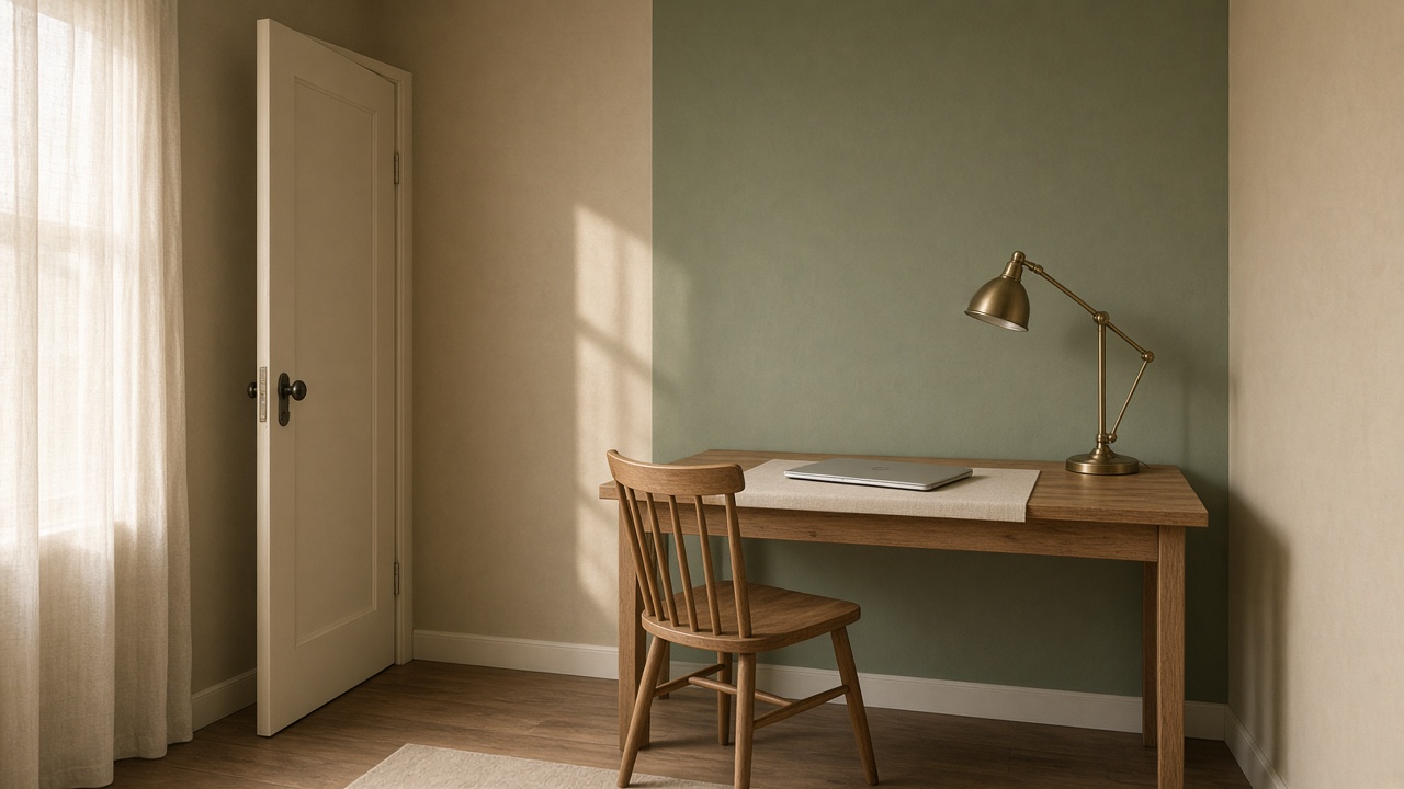 Muted sage wall behind an oak rental desk and chair, cream door open, feng shui office colors