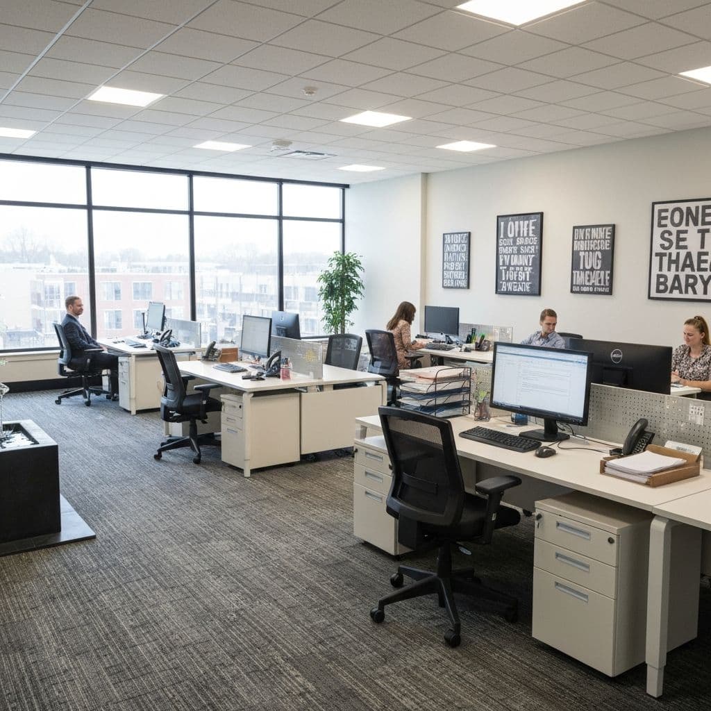 Open-plan office desks angled so seats can see the entry, Feng Shui office layout in daylight