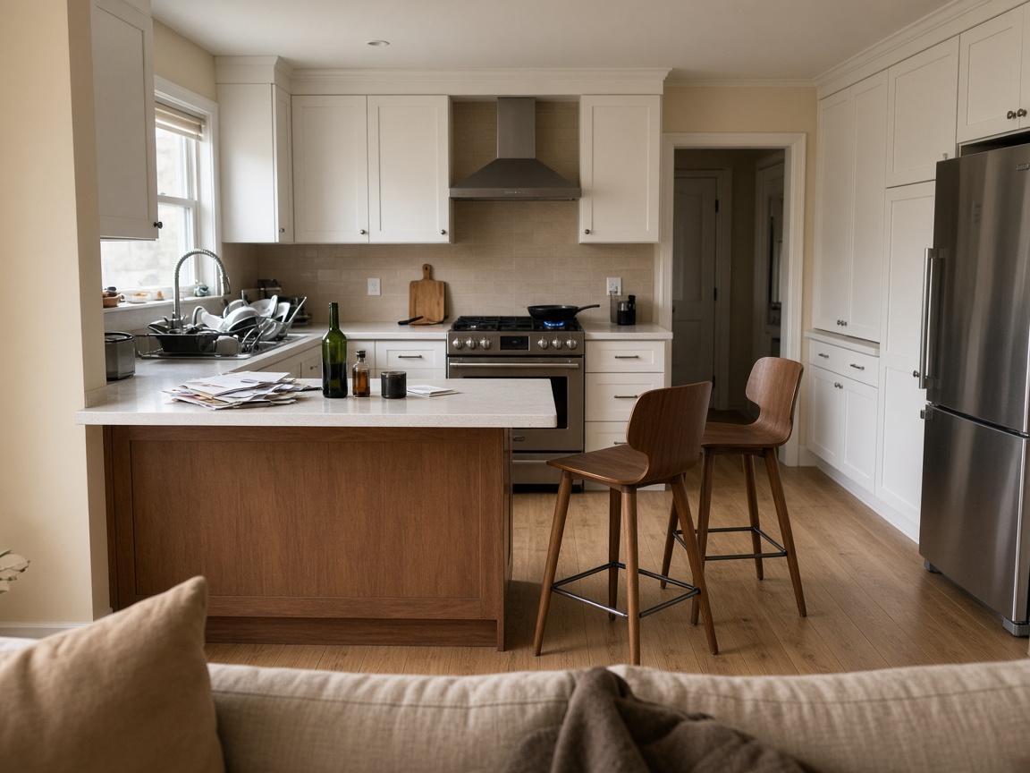 Sofa looking at a sink of dishes, mail on the island, stools in the aisle, and a lit burner