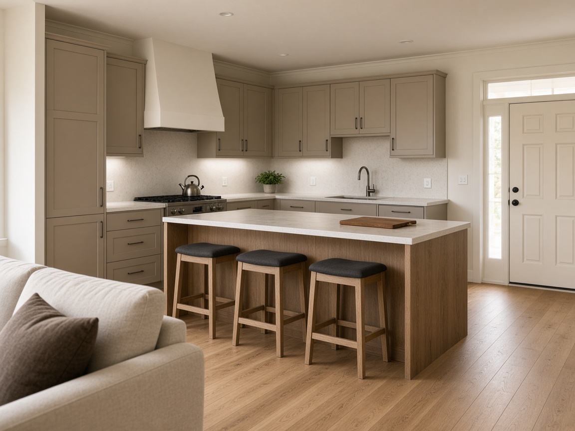 Sofa beside a tucked-stool island, clear oak walk to a cream door, kettle on the range