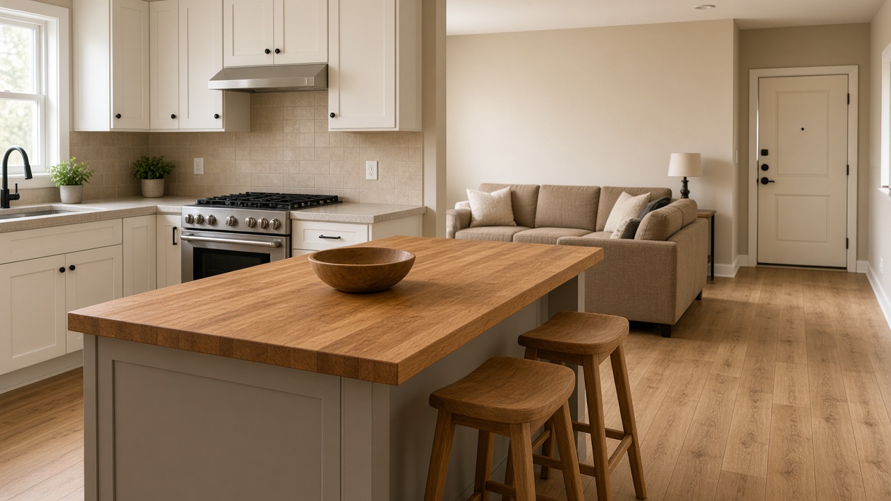 Wood island facing a beige sofa and cream latch door in a rental, feng shui open kitchen