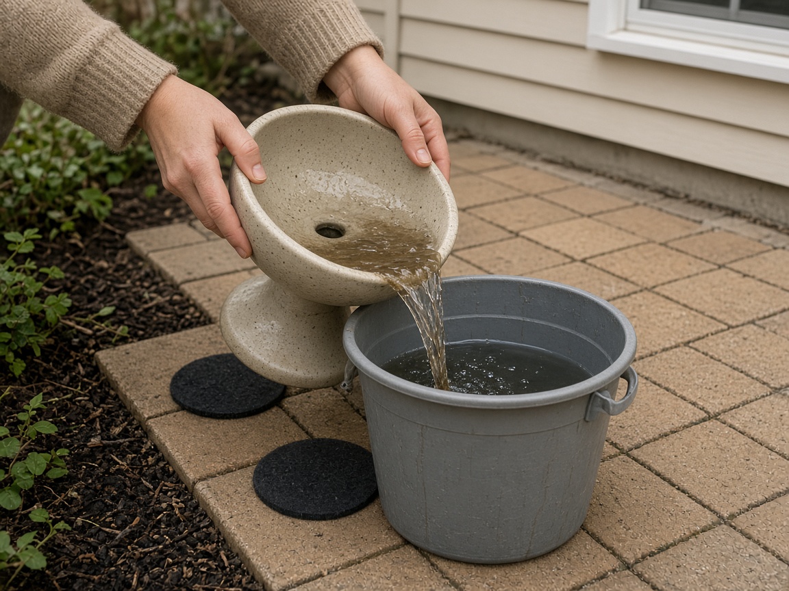 Hands in a beige sweater pouring a ceramic fountain bowl into a gray bucket on pavers, felt pads beside it