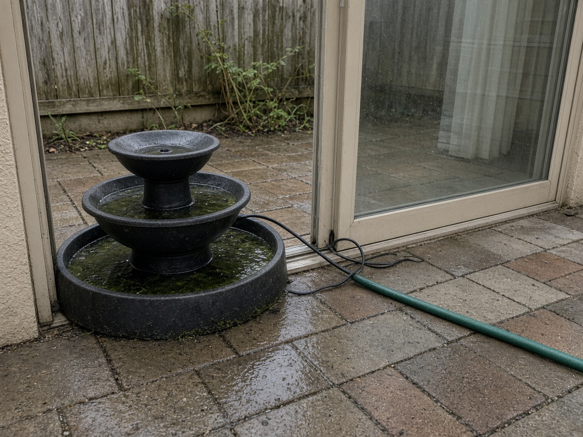 Dark fountain jammed in a sliding-door opening, wet pavers, black cord and green hose across the walk