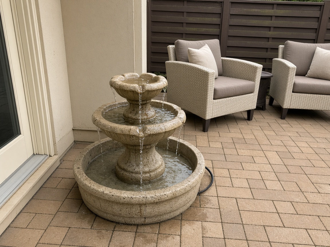 Three-tier stone fountain on pavers with water falling toward two wicker chairs, black cord at the basin