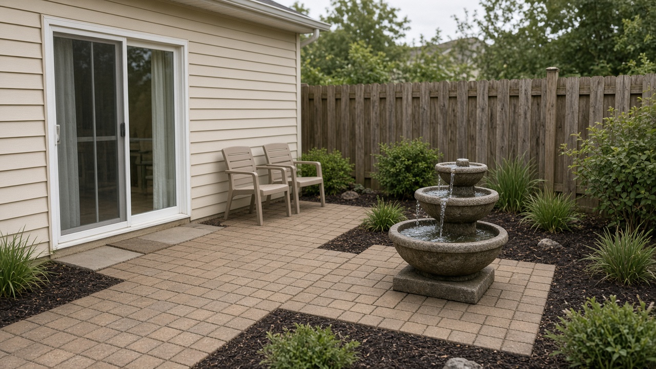 Stone three-tier fountain on a tan patio pad beside a cream slider, feng shui outdoor fountain