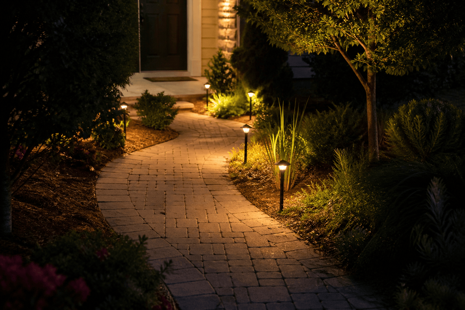 Curved stone path at dusk with warm stake lights leading to a house door, feng shui outdoor lighting