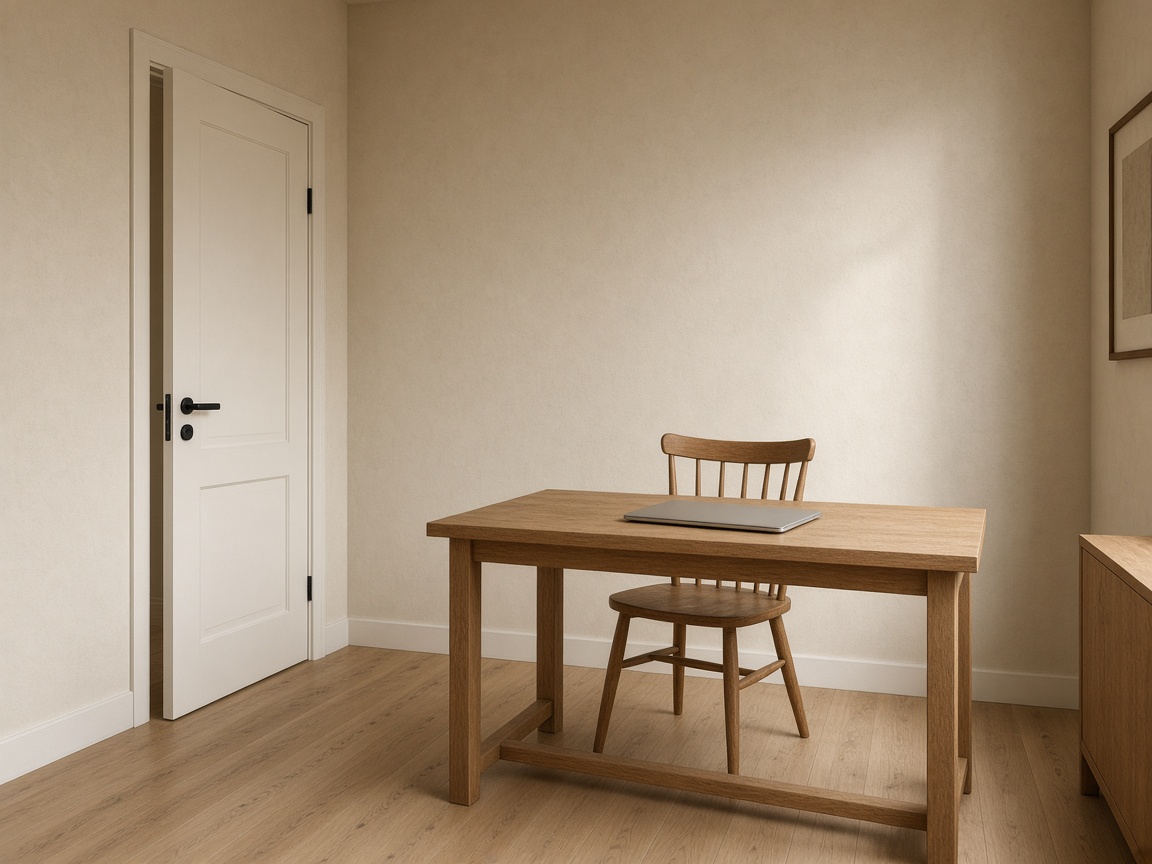 Wood desk and chair with a wall behind the seat and a white door open on the left