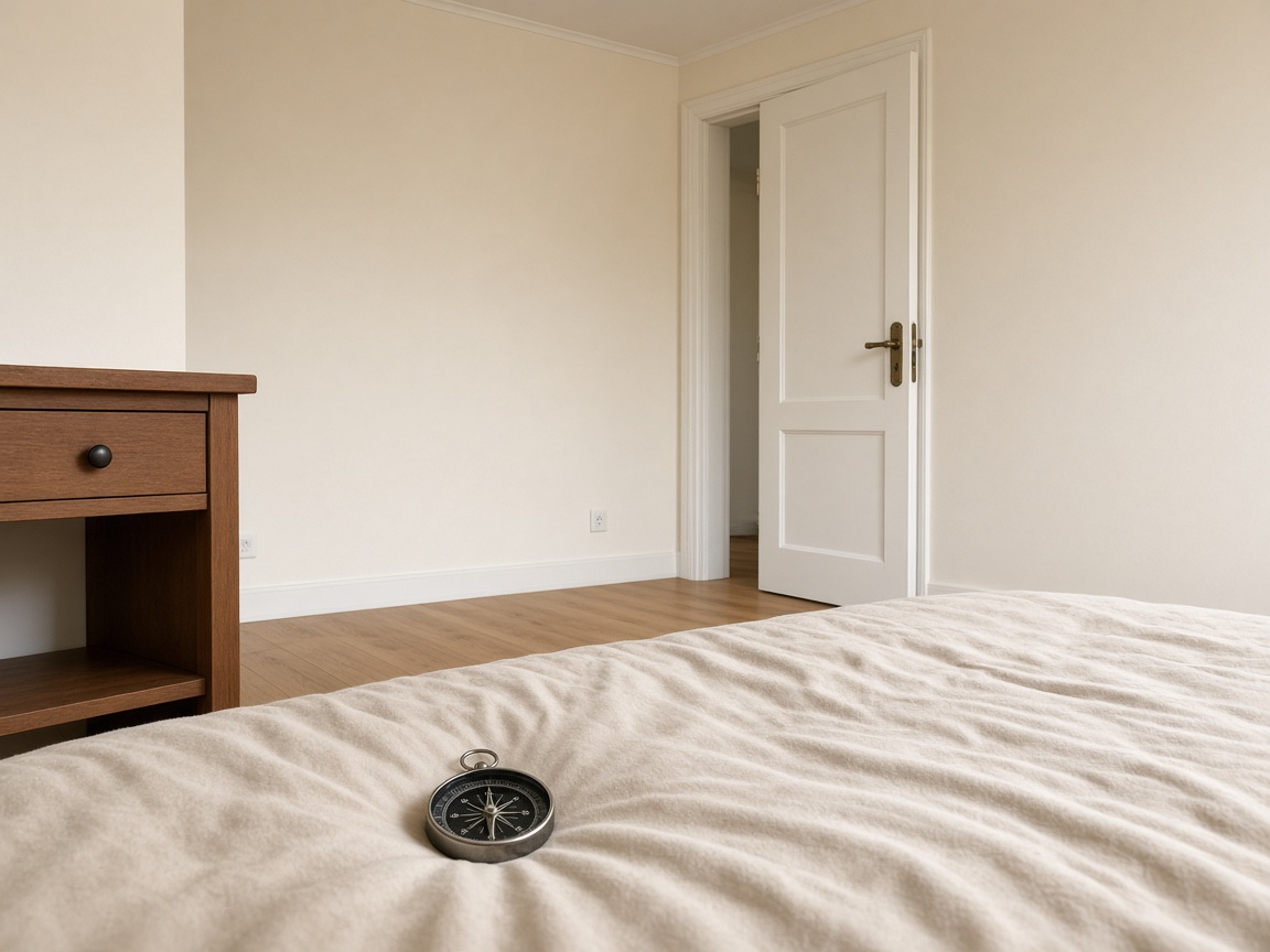 Beige duvet with a small analog compass, looking toward an open white bedroom door