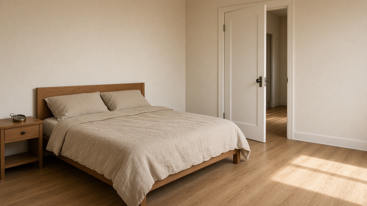 Beige rental bedroom, wood bed, nightstand compass, white door in view, feng shui personal kua number