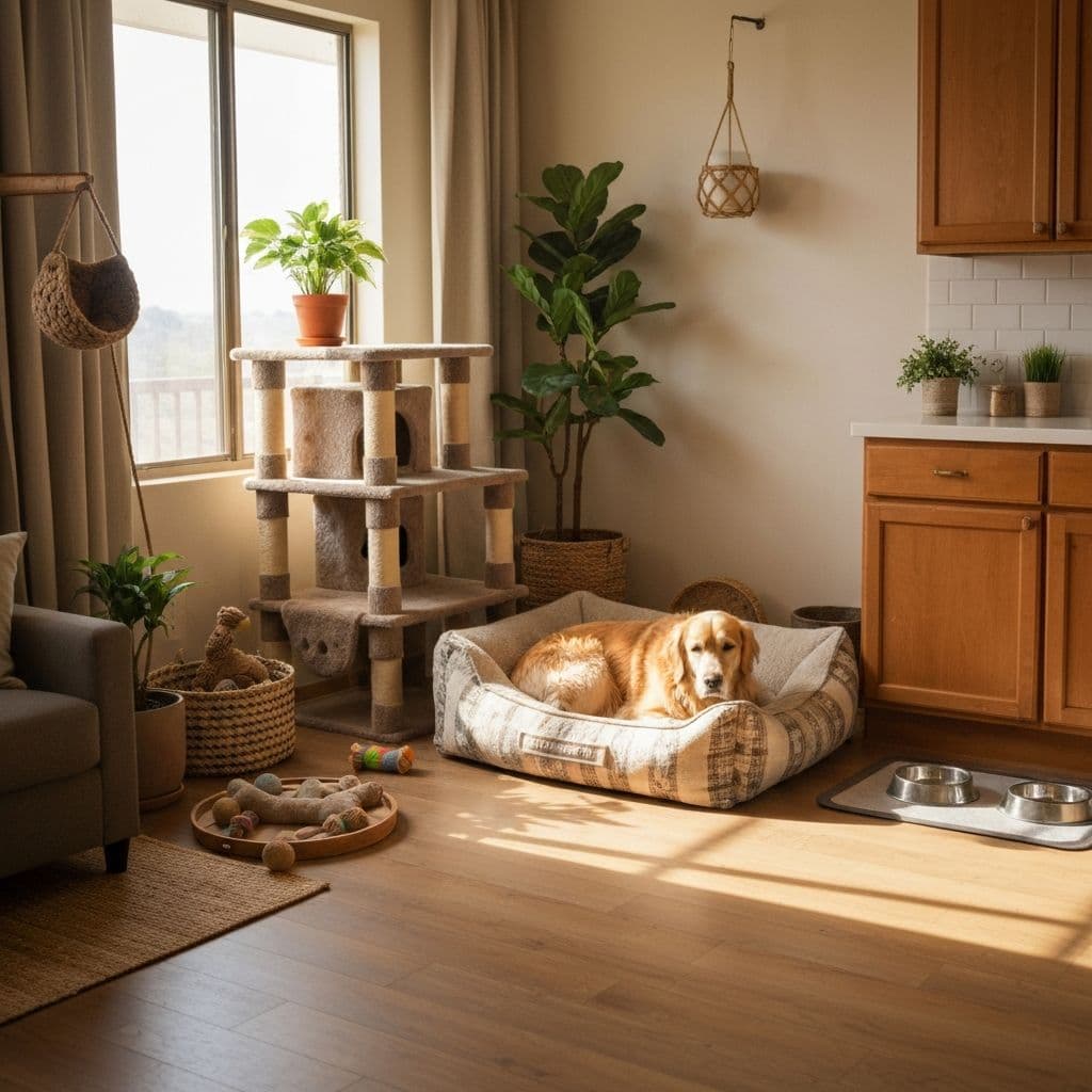 Dog bed against a wall, clear path from the door, bowls on a mat